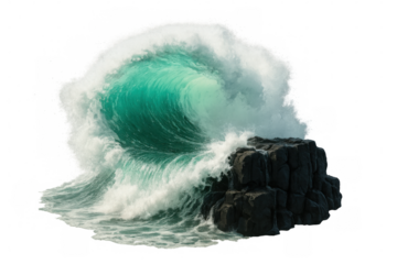 Powerful ocean wave crashing on a rock, isolated on transparent background, perfect for compositing and visual effects