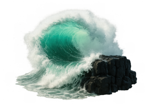 Powerful ocean wave crashing on a rock, isolated on transparent background, perfect for compositing and visual effects