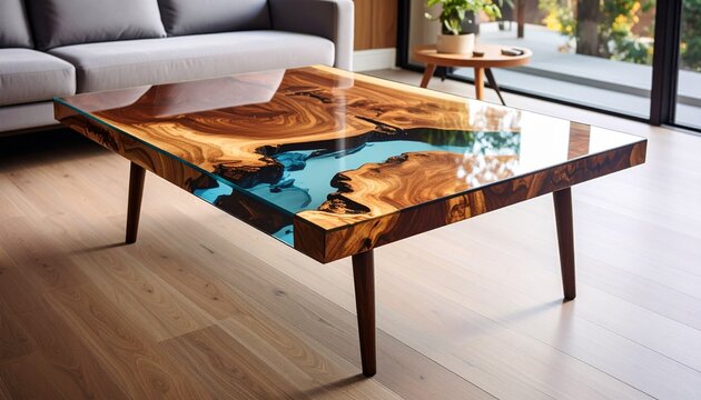 Maple burl coffee table glass insertion highlights knots hairline cracks filled transparent acrylic mid-century legs 