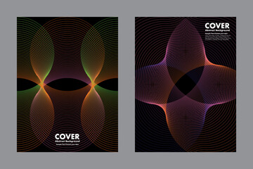 Abstract vector background with halftone lines forming symmetrical geometric patterns on black. For cover, annual report, presentation or digital artwork