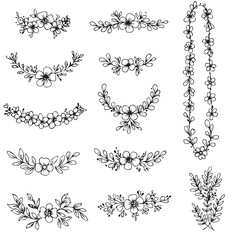 Collection of hand drawn floral design elements in black and white style