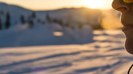 Breathing Exhalation Visible in Cold Air Close-up in Winter Landscape