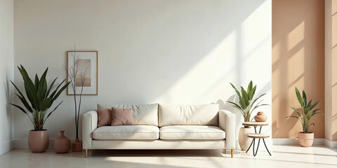 Modern minimalist living room with a clean, symmetrical design. The wall and sofa are split vertically into brown and white sections, decorated with pottery, plants, and frames in Scandinavian/japan