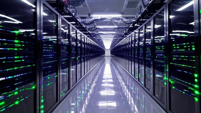 Exploring a high-tech data center filled with green lights and modern servers in a futuristic setting