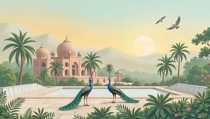Obraz premium Traditional Mughal Garden Landscape Vector Illustration – Indian Painting Style for Living Room Wall Mural and Interior Decoration