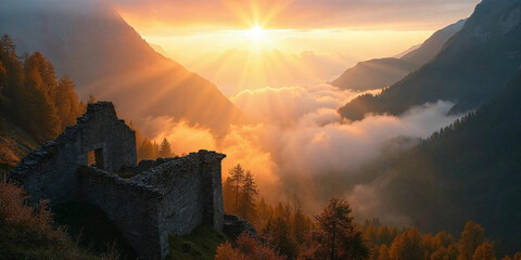 dreamy golden sunrise in the Swiss Alps, with low clouds rolling through the valley