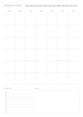A monthly plan template with a simple and minimal style. Note, scheduler, diary, calendar planner document template illustration.