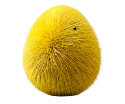 Bright yellow fuzzy creature with a single eye peeking through its fur on transparent background