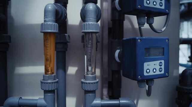 Monitoring device in a manufacturing plant tracks different levels of liquid flow in real-time.