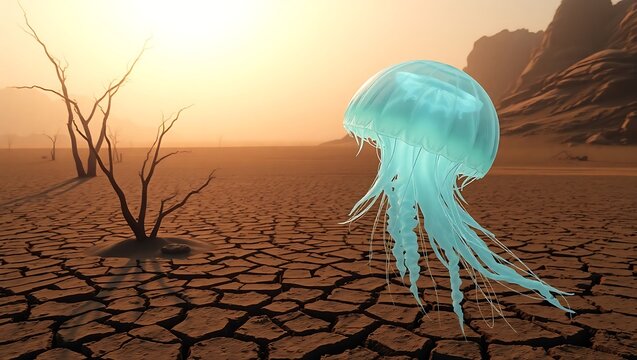 A jellyfish in a desert landscape with cracked earth and barren trees at sunset or sunrise - Powered by Adobe