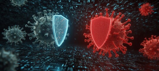 Digital Battle: Antivirus Shields vs. Virus Icons in Matrix Background