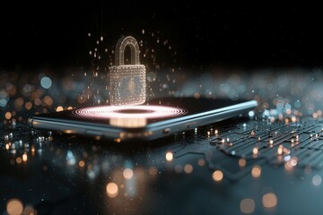 Futuristic 3D Digital Padlock Hovering Above Smartphone with Binary Code
