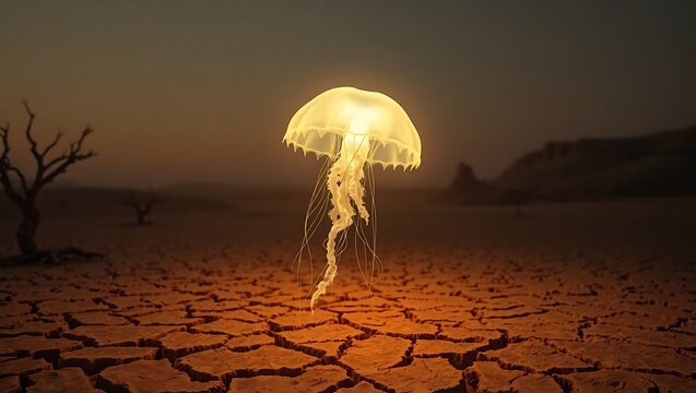 Glowing jellyfish floating above cracked desert ground with barren trees in the background at dusk