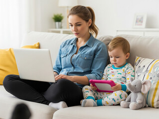 Young mother working on a laptop while her child plays with a tablet beside her.