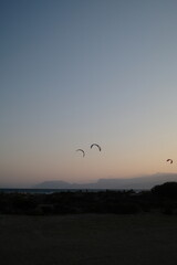 Several kitesurfers ride along the Turkish coastline at sunset. The silhouettes of kites contrast beautifully against the pastel evening sky. Ideal for themes of sport, freedom, beach holidays, and ac