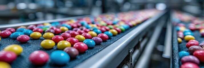 Colorful candies moving along a conveyor belt in a candy production facility
