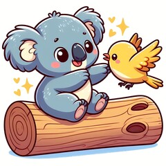 Cute koala playing with bird cartoon vector icon illustration