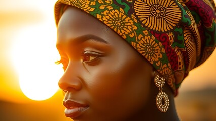 Vibrant kente cloth headwrap in golden sunlight for African Women's Day