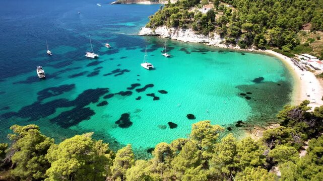 Greece , Sporades. Alonissos island and most beautiful beach - Milia and Chrisi Milia with turquoise sea. aerial drone 4k hd video
