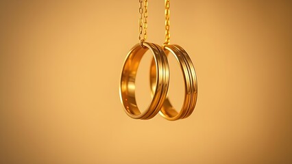 Golden wedding bands elegantly suspended against a soft neutral backdrop, symbolizing love and commitment.
