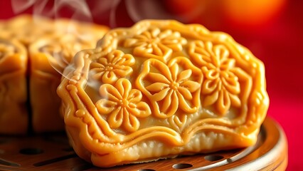 Steaming mooncake with floral imprints on lacquered tray, showcasing festive culinary artistry.