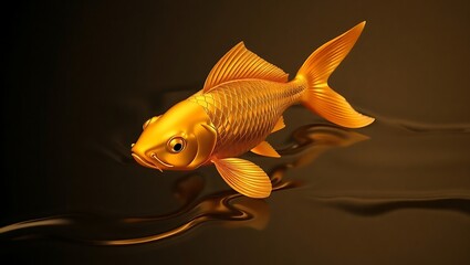 A shiny golden fish swimming in dark water with visible ripples and a smooth reflective surface