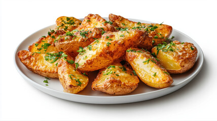 Golden Potato Wedges: Perfectly roasted potato wedges, seasoned with herbs and spices, served on a pristine white plate.