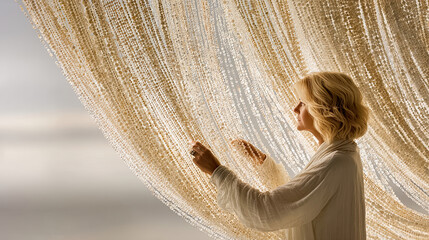 Blonde woman contemplating hanging bead curtain as soft light illuminates her serene profile Generated with AI