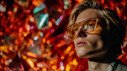 Close-up of young woman wearing yellow glasses looking upward against a shiny metallic background Generated with AI
