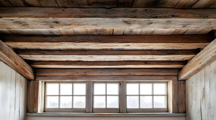 Three windows with wooden beams above, in a rustic building.