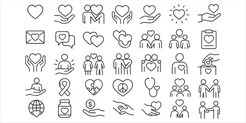 Love, friendship, care and charity concept editable stroke outline icons set isolated on white background