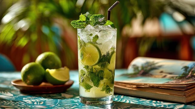 High quality photo of mojito Cubano, un cocktail fresco, dissetante e profumato, perfetto per le giornate calde o per un aperitivo esotico.