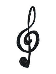 Hand drawn punk rock doodle. Musical note, tattoo crayon sketch, grafitti rebellious icon, sticker, scribble for poster, disco party, retro podcast. Grunge music element. Isolated vector illustration.