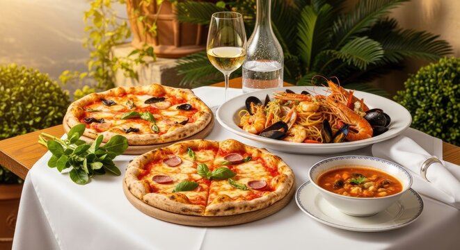 Italian dinner with pizza, seafood pasta, and wine