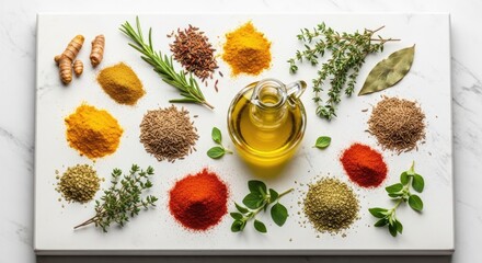 A variety of spices and herbs with olive oil on a board