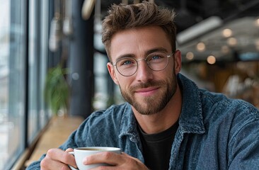 Portrait of a happy man with a beard and glasses drinking coffee in a cafe, smiling at the camera.