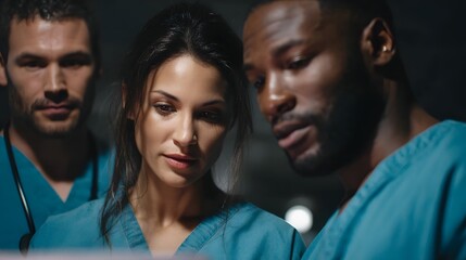 A medical team discusses a patient chart with serious collaborative intensity long title A group of dedicated healthcare professionals intently