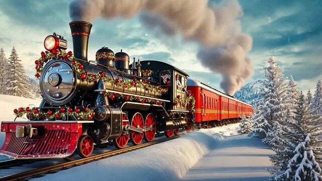 Festively decorated steam train traveling through a snowy landscape with pine trees and mountains