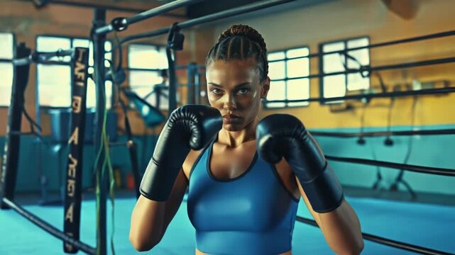 A close-up shot of a person wearing boxing gloves, ready for a fight