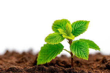 Small green plant sapling growing in dark soil against a clean white background in close-up, displaying concepts of new life and environmental awareness