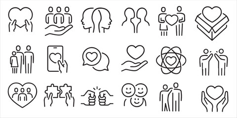 Love, friendship, care and charity concept editable stroke outline icons set isolated on white background