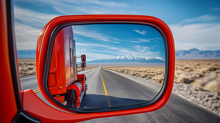 View from a red vehicle's side mirror showing a road and mountains in the distance.