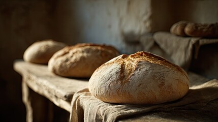 Artisan Breads on Rustic Wooden Table in Warm Light