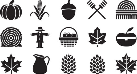 Naklejka premium Autumn Harvest and Fall Season Icons Set Vector Illustration Black Silhouette on Transparent Background