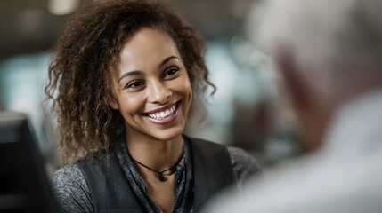 Smiling bank officer assisting an elderly customer in a financial institution setting