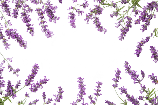 Purple lavender sprigs framing a central space isolated on transparent background