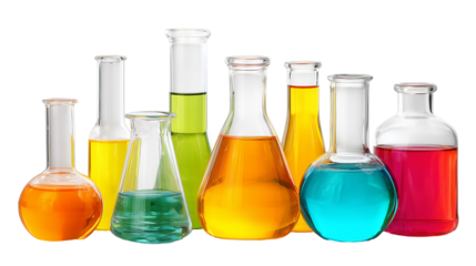 Assorted Laboratory Glassware with Colorful Liquids and Solutions, isolated on white background