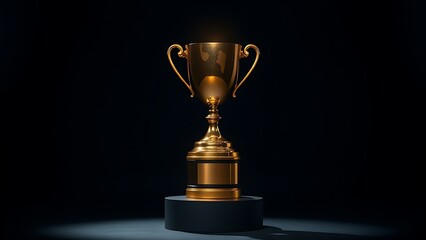 A gleaming gold trophy displayed on a pedestal, highlighted by dramatic studio lighting against darkness.