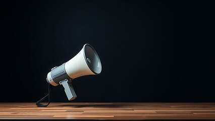 Megaphone on wooden surface symbolizing communication in a dark setting.
