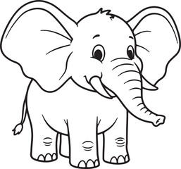 Fototapeta premium Standing cartoon elephant with big ears and small tail, outlined in black and white, Adobe Illustrator Artwork
